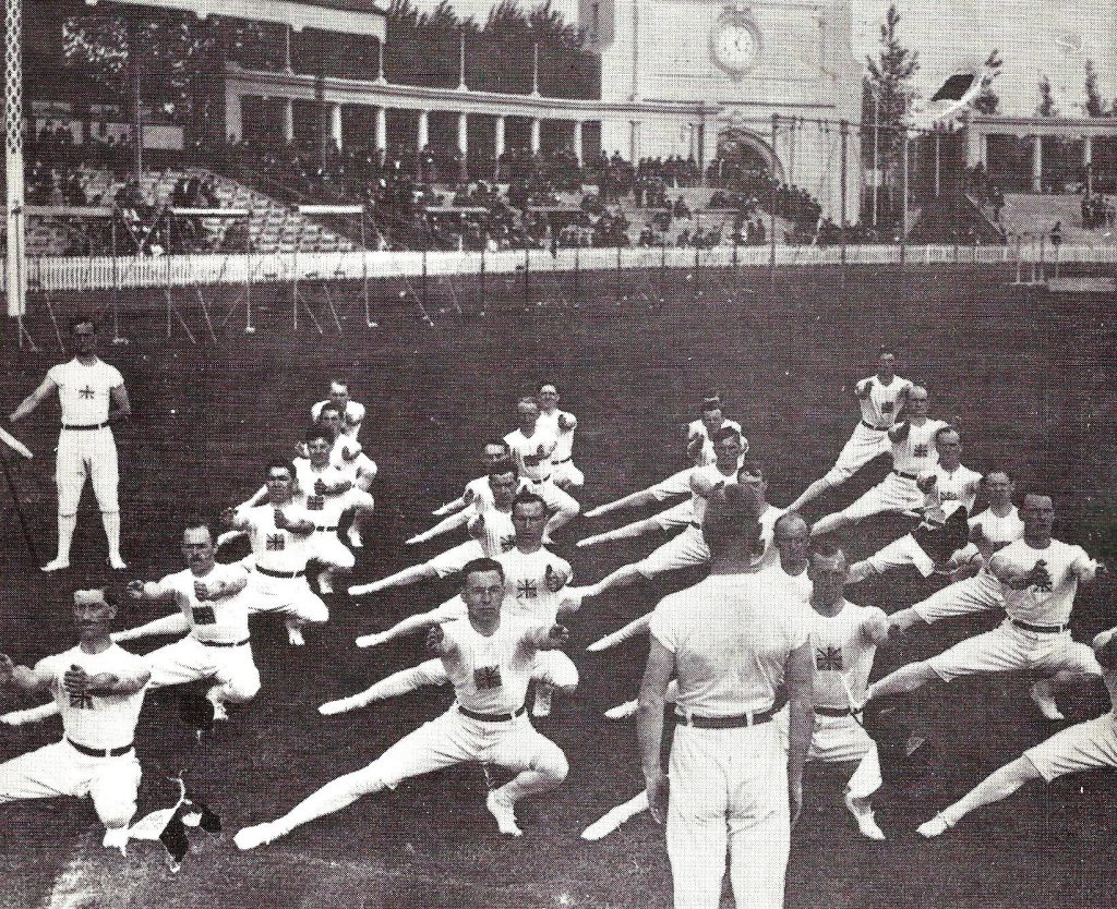 1920 Antwerp Squad of 24 group exercise. JJ Cook coach at front