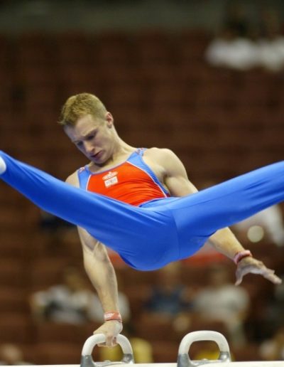 British Champion in 2001. David Eaton competing on Pommel Horse at the World Championships in 2003.