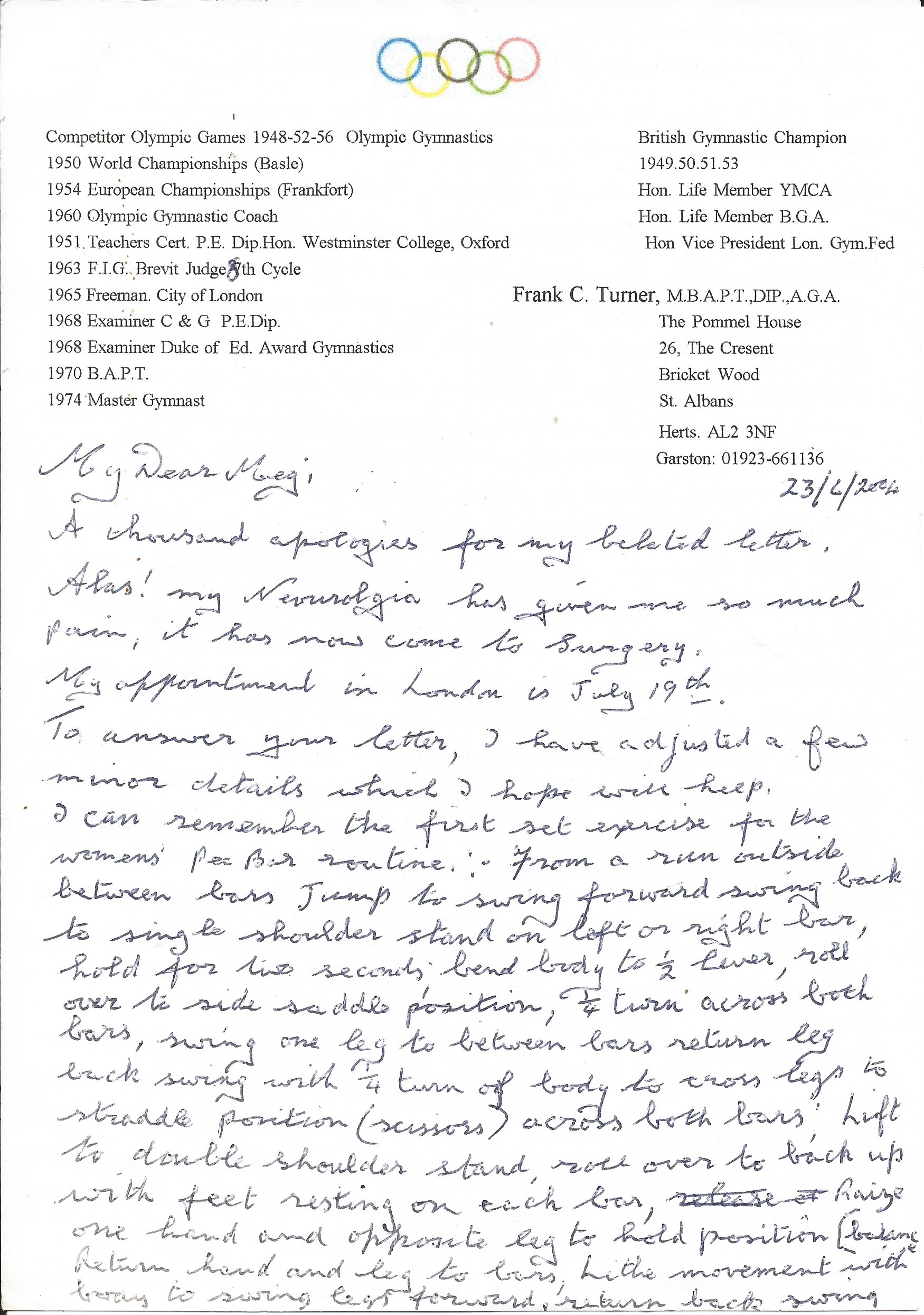 I wanted some information about the 1948 Olympics. He wrote me the following letter in June 2004. (Meg)