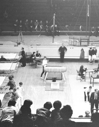 British Championships preliminaries in 1963 at De Montfort Hall, Leicester. The Artistic Gymnastics and Trampoline competitions were held together causing some chaos. Photo credit - Alan Burrows