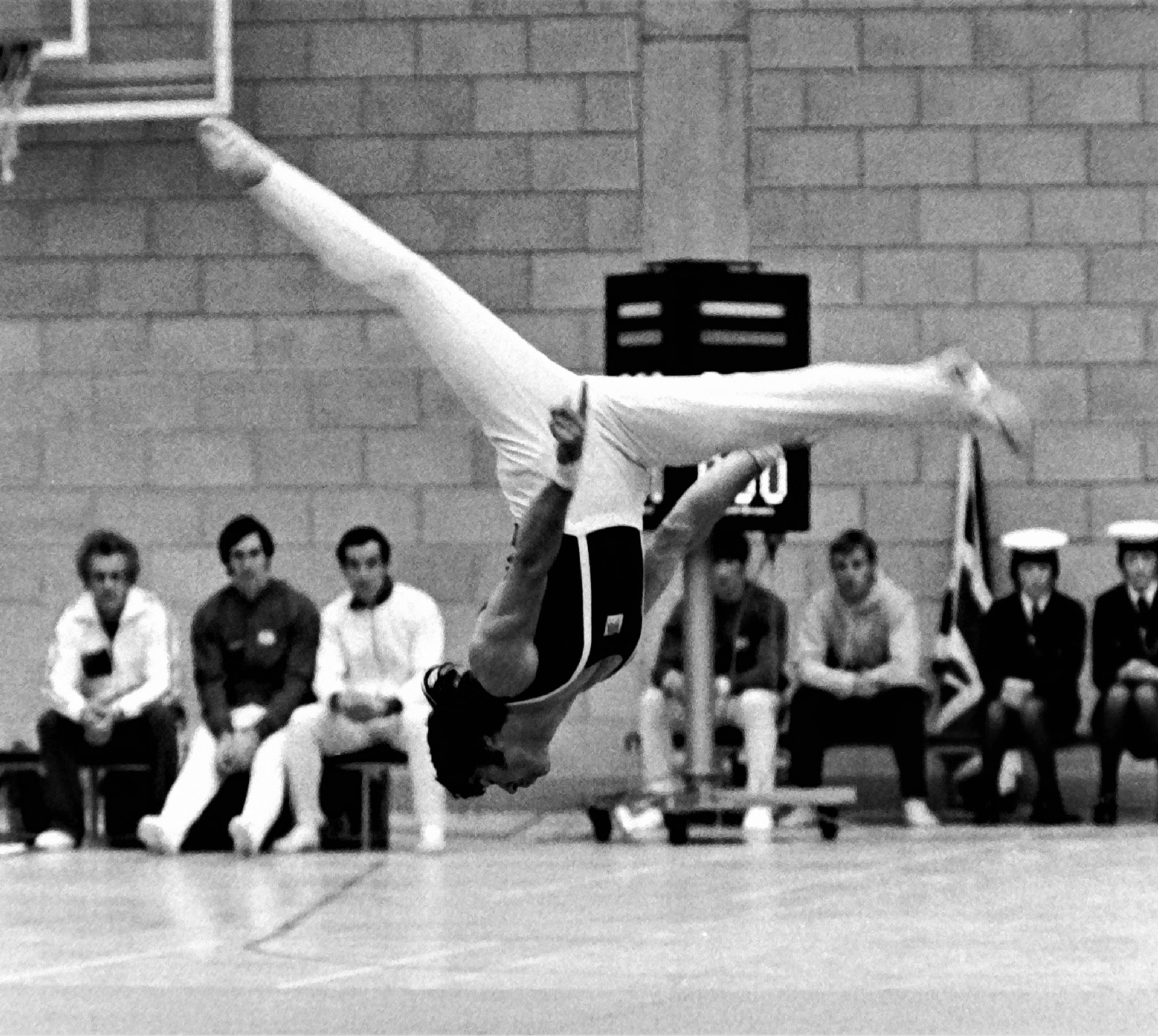 Mike was one of the first, if not the first, to perform this new skill, the free walkover. GB V Holland 1974 - Photo Alan Burrows