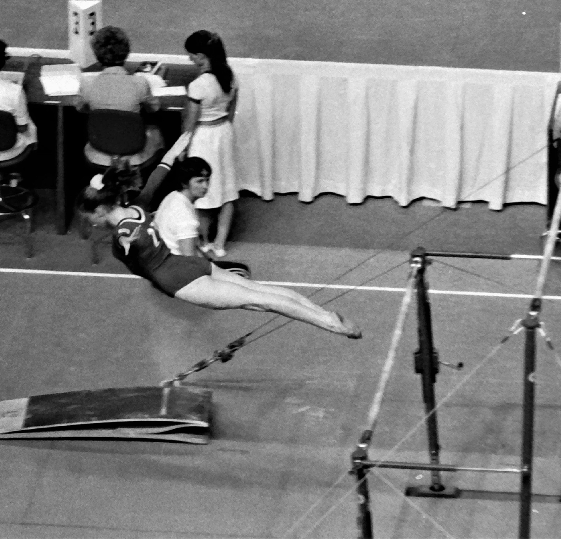 Barbara Slater competing on A Bars in Montreal in 1976