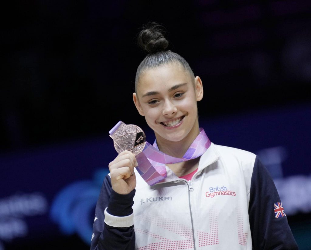 Jessica Gadirova winning All Around bronze at the World Championships in 2022