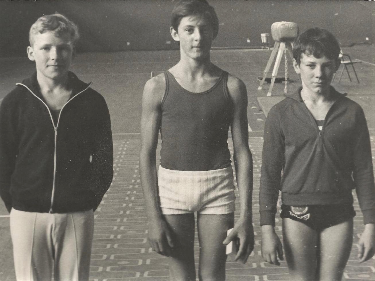 Jeff with Bob Stroud and Dave Urquhart when he was 2nd in the Vaulting & Floor work championships at Crystal Palace and 2nd in the tumbling to Dave Urquhart.